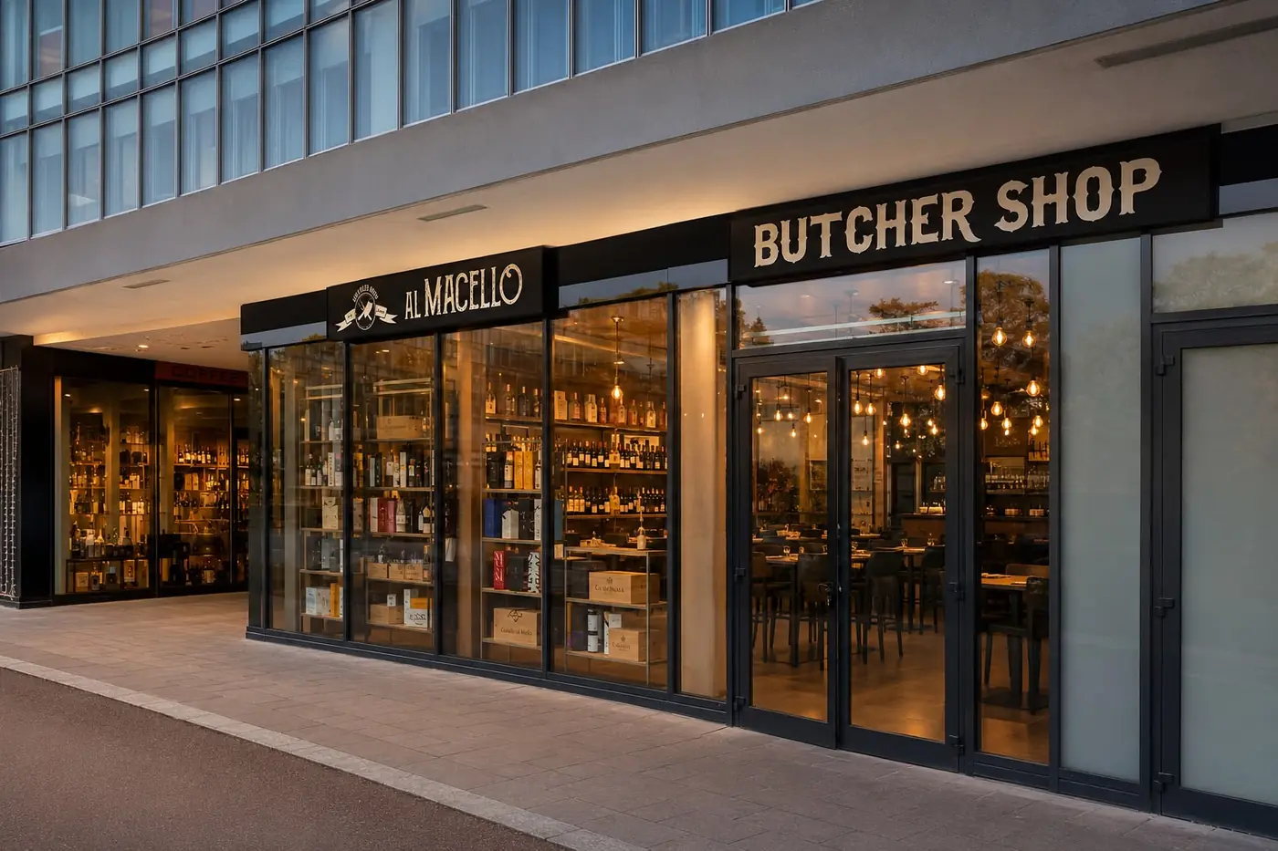 La facciata di Al Macello in Largo Europa 6 a Vimercate con l'insegna Butcher Shop illuminata all'imbrunire